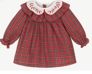 Casual Baby Girls Dresses with Solid Color Cotton Long Sleeves O-Neck Collar Flower Decorations Knee-Length Spring Designs ODM