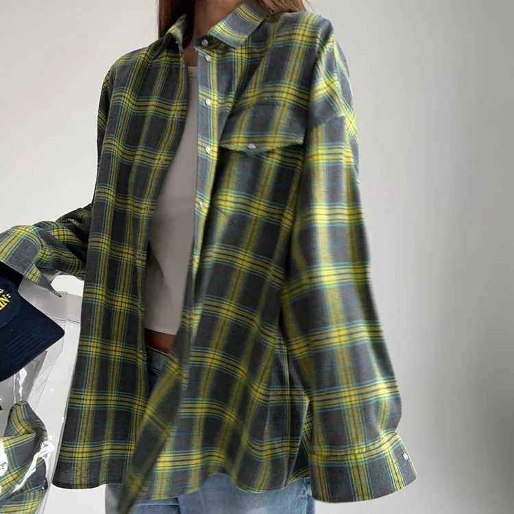 Cute Retro Versatile Turn-Down Collar Loose Shirt Autumn Plaid Long Sleeve Pocket Broadcloth Women's