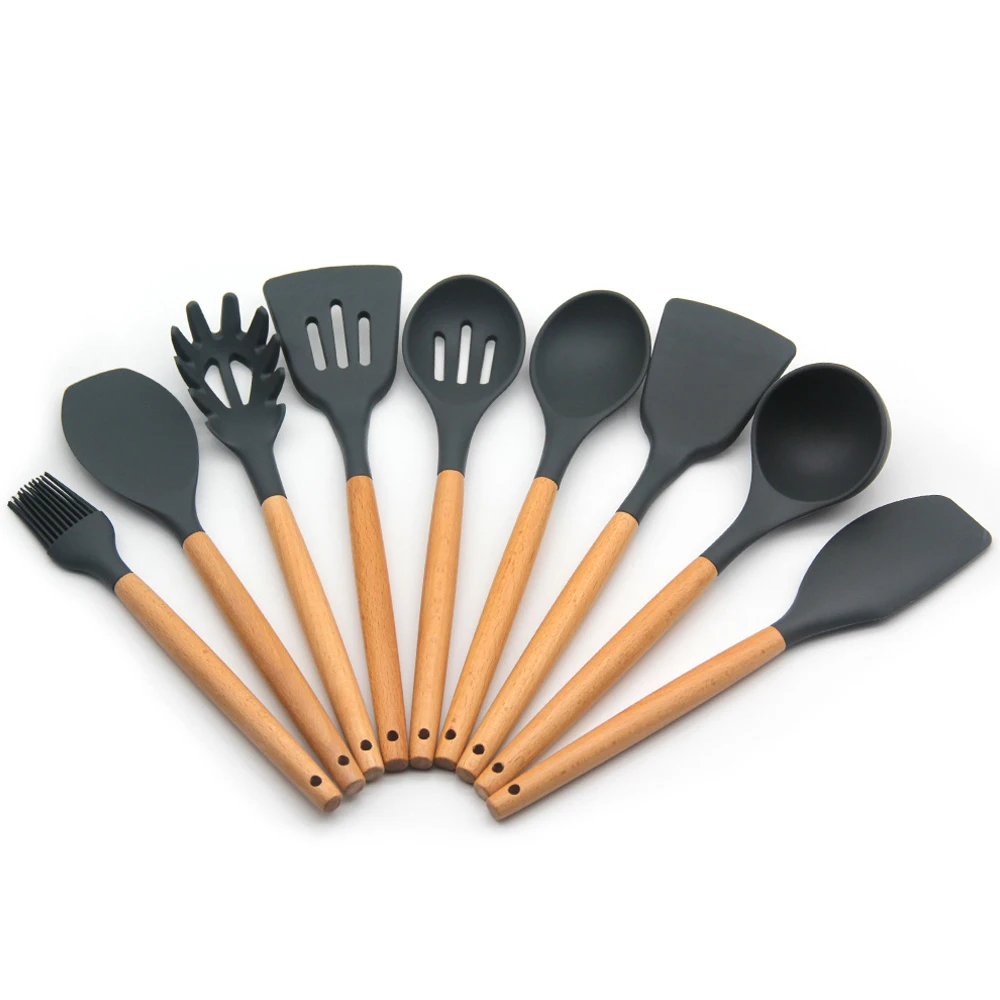 Silicone Kitchen Utensils Accessories Cooking Tools Kitchen Utensils Set Wood Handle Food Grade Silicone Spatulas Set