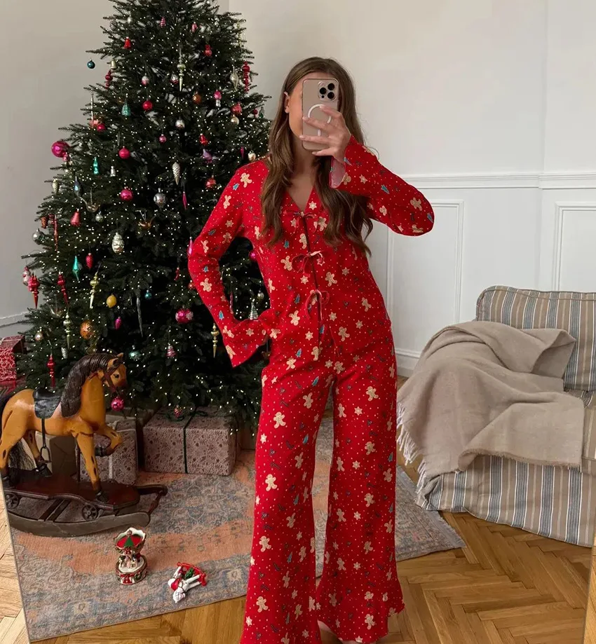 Christmas Print Pajama Set Soft Polyester Spandex Lace-Up Long Sleeve Shirt Wide Leg Pants Casual Lounge Sleepwear — detail