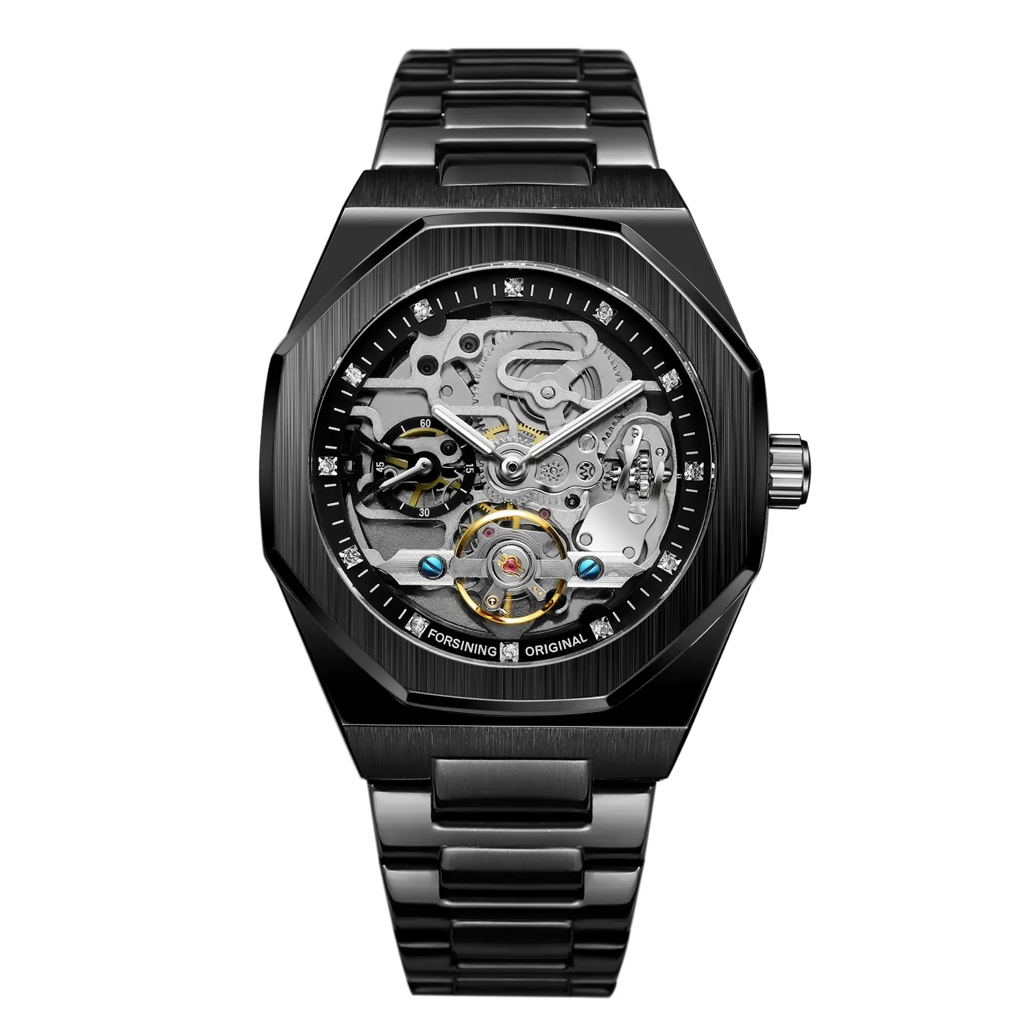 China Supplier Stainless Steel Band Luxury Skeleton Mechanical Watch Custom Logo Automatic Watch for Men