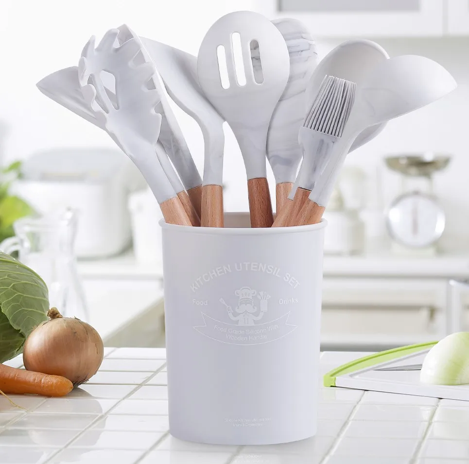 12PCS Kitchen Utensil Set - Silicone Cooking Utensils Wooden Handle With  Bucket