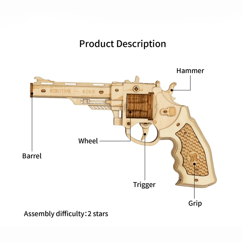 CPC Certificated Robotime Rokr DIY Wooden Gun Toy With Safe Rubber Bullet 3D Puzzles
