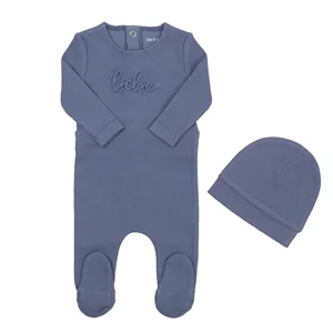 Private Label Long Sleeve Caps Unisex Embroidery Sleep Footie Baby Clothes Onesies With Buttons