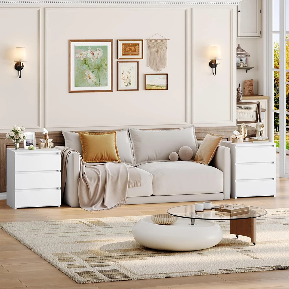 product white wooden modern 3 drawer nightstand with cut out handle for apartment bedroom sofa side table-7