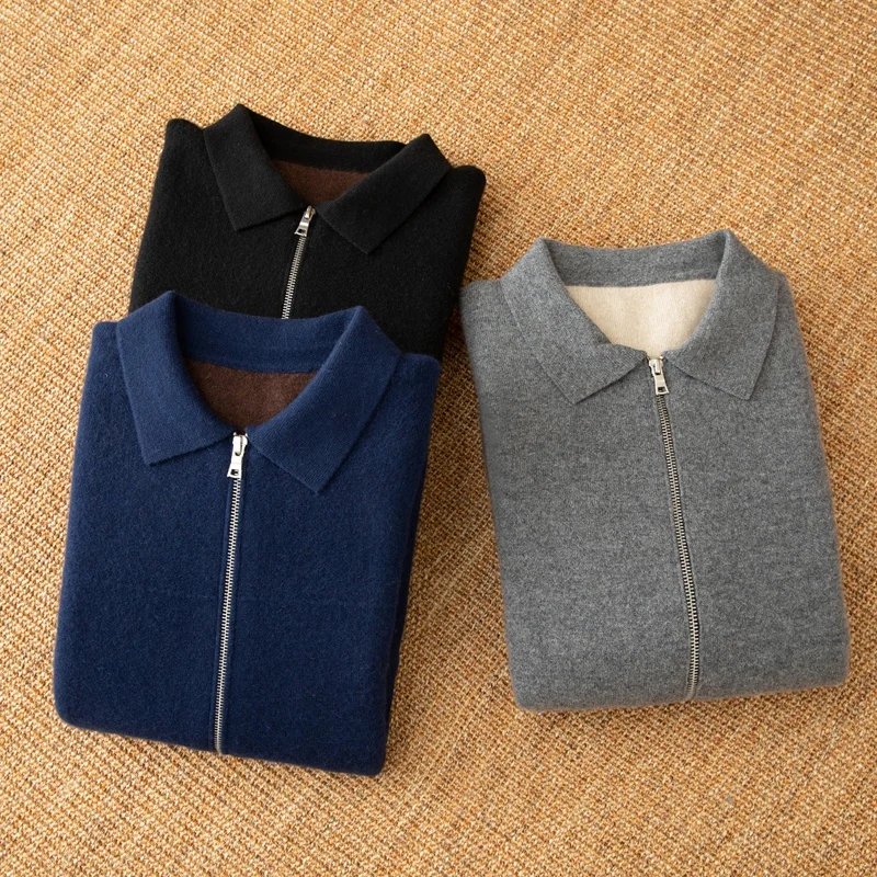 Autumn Winter Men's 100% Cashmere Breathable Padded Cardigan Zipper Knitted Shirt Collar Sweater Jacket