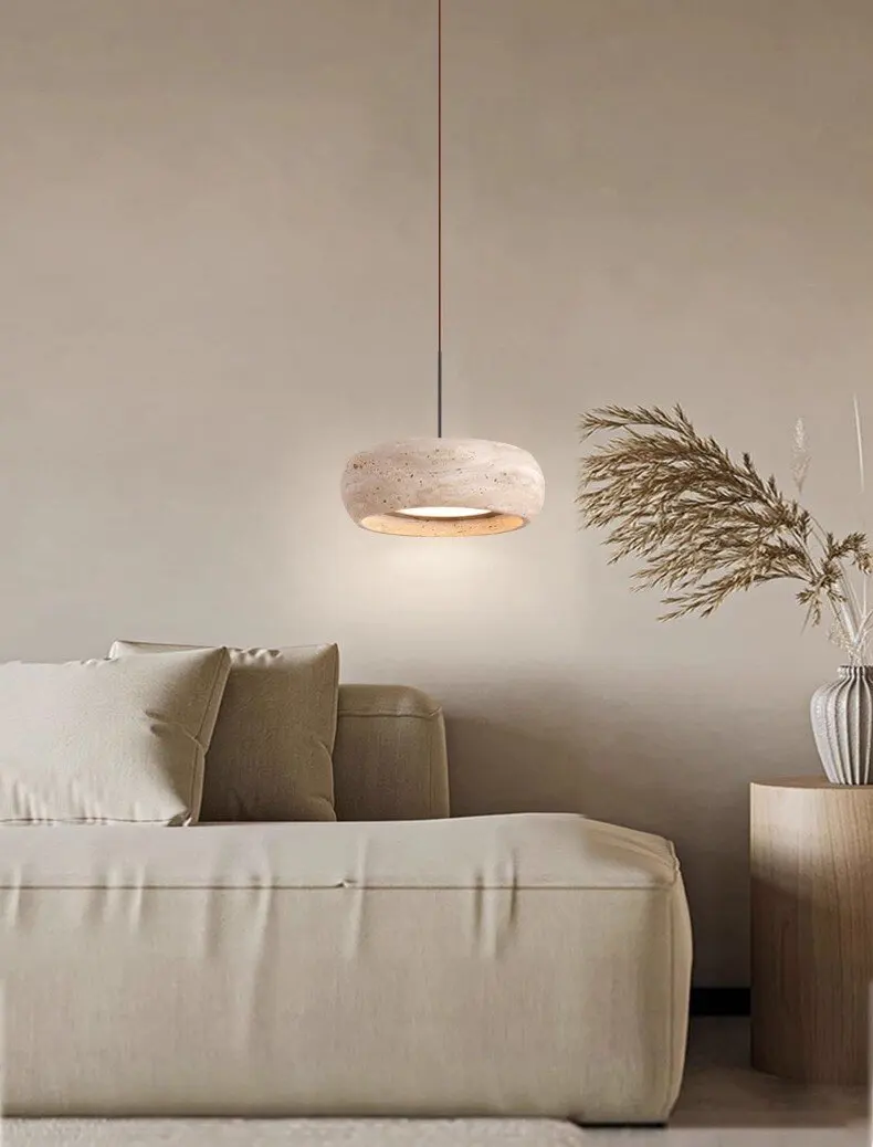 Wabi-sabi Vintage Natural Round Travertine Led Pendant Light for Bedroom Hallway Dinner Table