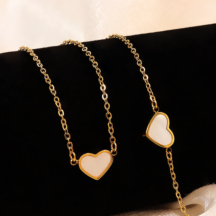 New Trendy Mother Of Pearl Heart Necklace Bracelet Set Stainless Steel