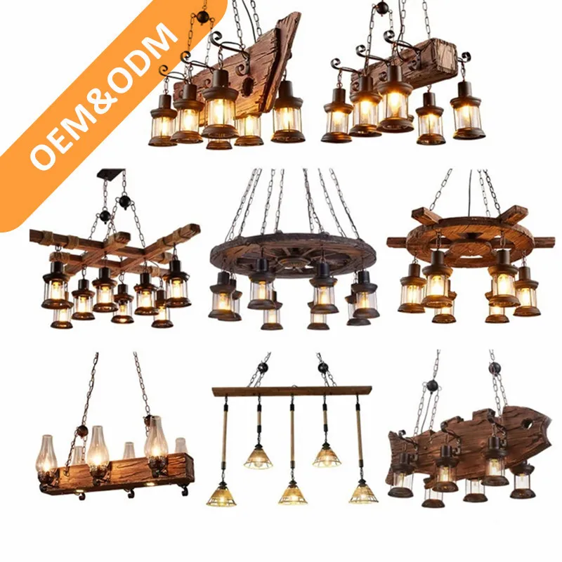 Lindby Lampadario vintage in legno e metallo nero, adatto per 5