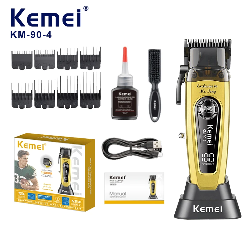 Tondeuse professionnelle KEMEI Km-90-4 pour barbiers, vitesse élevée de 11500 tr/min, puissance forte de 10 W, lames électriques réglables, avec station de chargement