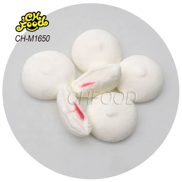 China Factory Strawberry Fruit Flavor Jam Filled Round Marshmallow Halal Soft Candy Wholesale and OEM