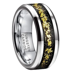 8mm Tungsten Rings for Men Women Gold Foil Fragments Inlay Engagement Wedding Band Beveled Edges Polished Comfort Fit