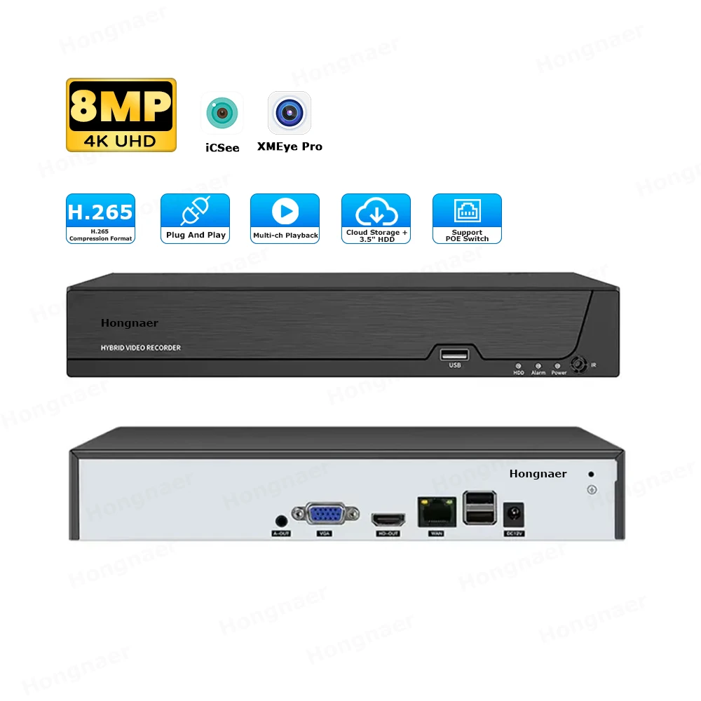 Hongnaer 8MP HD Indoor Smart Home Security CCTV IP Camera NVR XMEye Pro ICSee 4K 16 Channel Wireless Network Video Recorder NVR