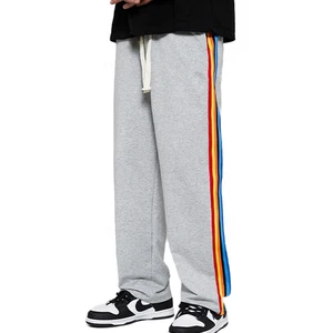 Casual Men Cotton Sweatpants Straight Leg Rainbow Side Stripe Drawstring Jogger