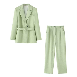 Customize Women's Spring New Style Fashionable and Elegant Commuting Belted Blazer Termino High Waist Pants One Set Loose Fit