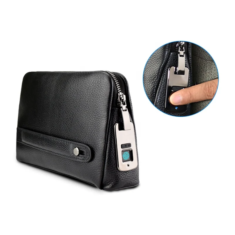 Smart Fingerprint Wallet, Fipilock FL V1 Men Zipper Leather Wallet Smart  Fingerprint Security Anti Theft Handbag Black