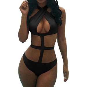 High Waist Beach Bikini Women Ladies Black Hollow Cut Out Monokini Swimsuits Wholesale Bathing Suits