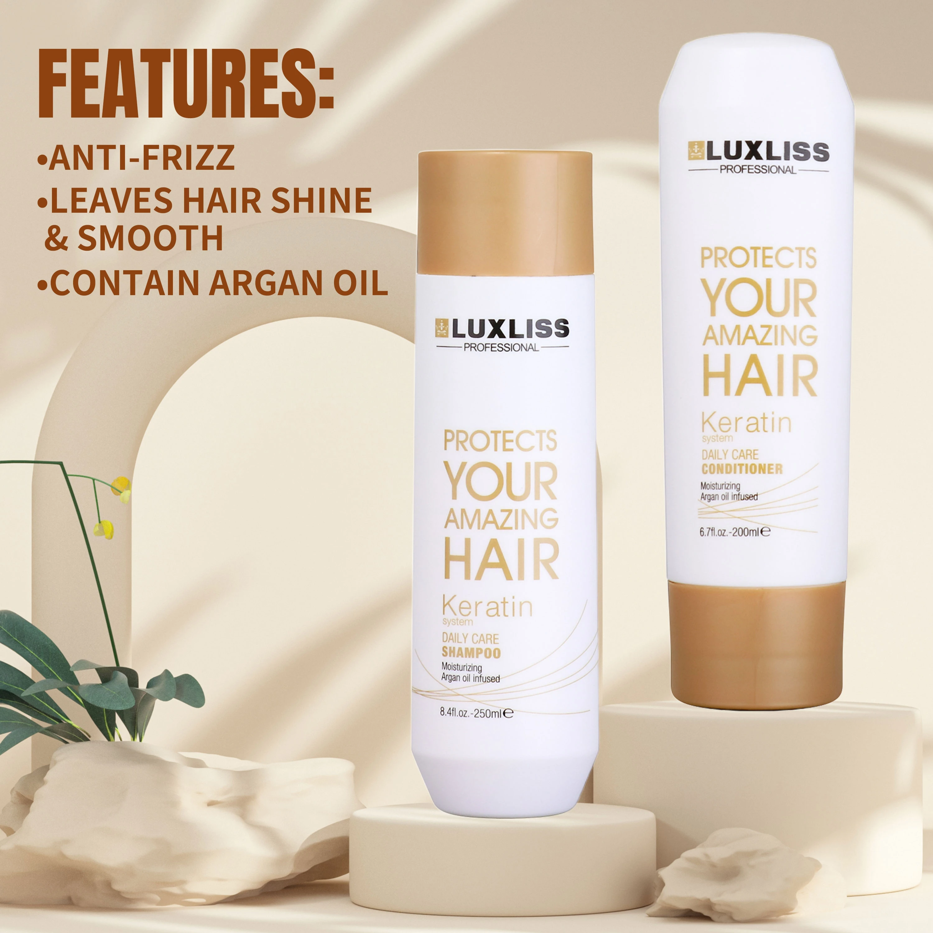 LUXLISS Private Label Moroccan Oil Argan Clarifying Keratin Daily Shampoo and Conditioner Smooth Damaged Hair Salon Products