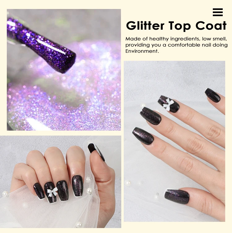 No Wipe Long Lasting Shiny Glossy 2 In 1 Glitter Top Coat Gel Nail ...