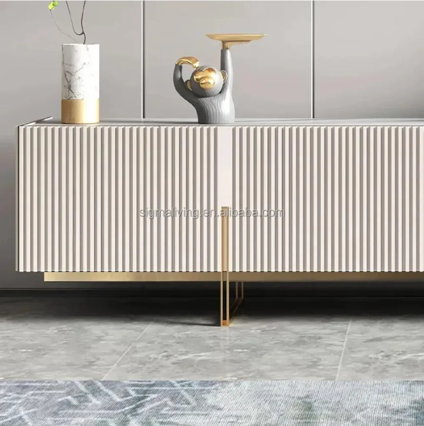 Living room console minimalist  stone top media console 4 doors 6 shelves TV stand