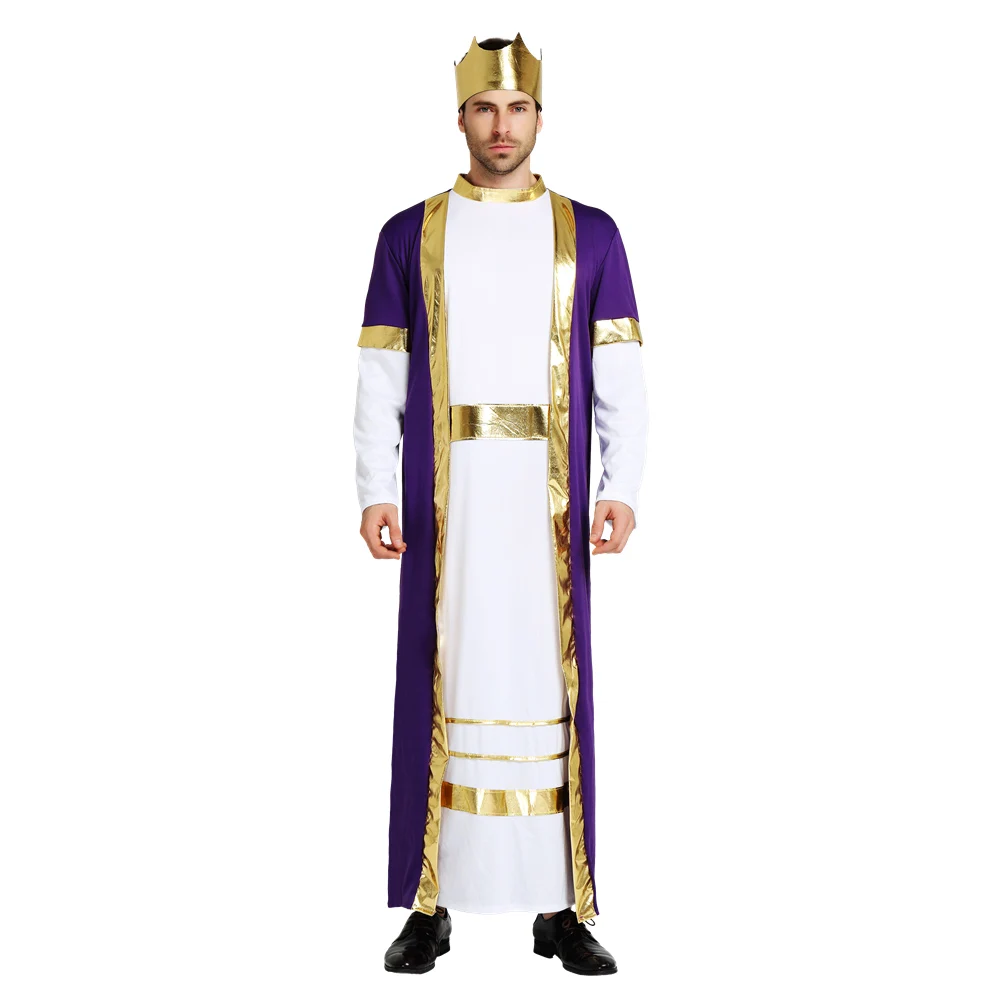 Men Luxury Arabian King Robe Costume for Halloween Cosplay Party White and Purple Dress up with King Headband