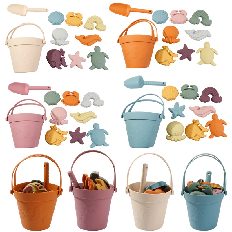 10 Pcs 1 Set Summer Sand Bucket Beach Baby Toys Eco Friendly Soft Silicone Game Play for Kids BPA Free Silicone Beach Toy Set