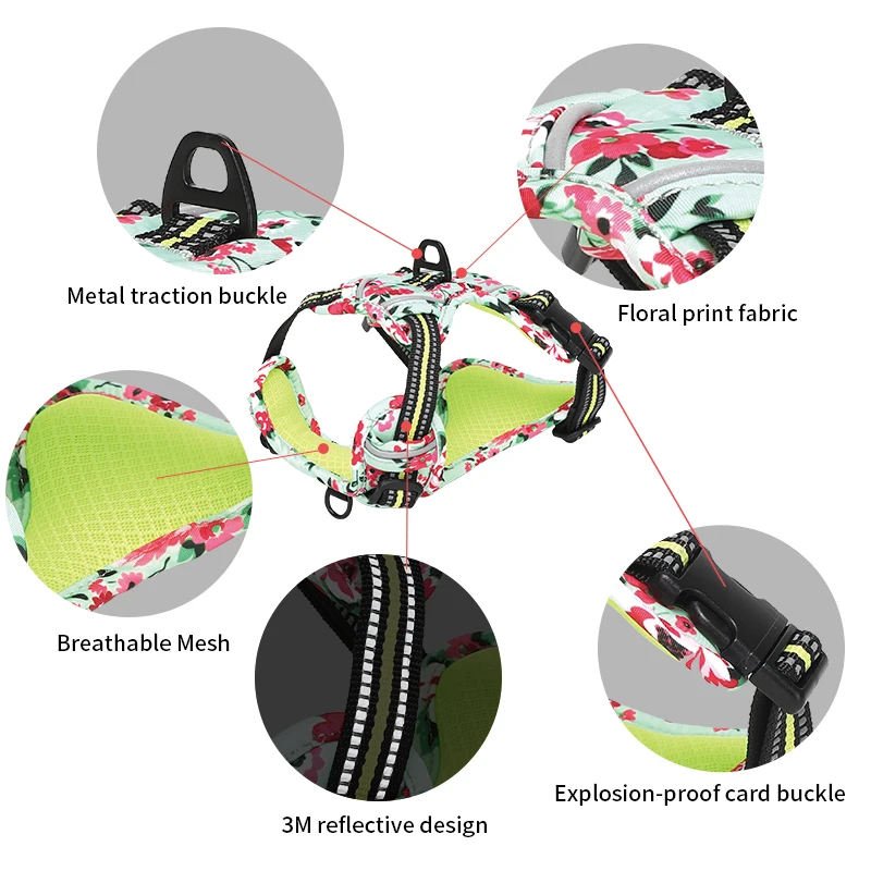 luxury dog harness printing Breathable Mesh No Pull Metal Chain Adjustable Reflective