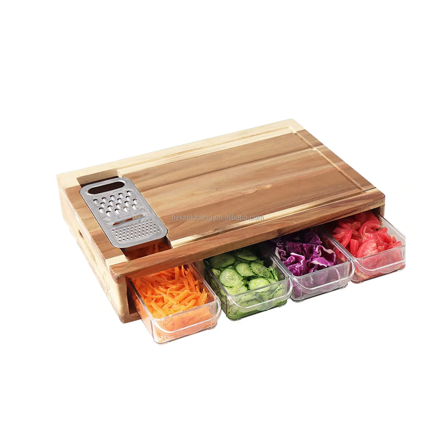 product custom acacia wood cutting board with 4 storage containers and grater durable multifunctional kitchen chopping board-6