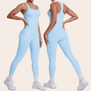 New Arrivals Custom Logo Slim Fit Yoga Vest with Pads Hip Lift Fitness Leggings Running Sports Workout Set for Women