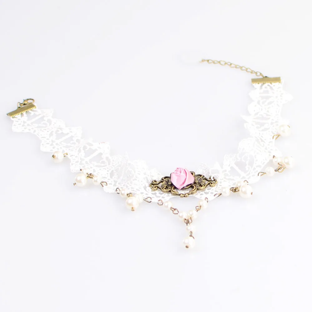 Roses on White Lace Choker Necklace