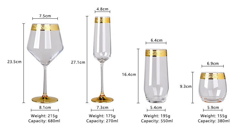 Luxury No Lead Crystal Art Deco Edge Gold Rimmed Glass champagne Flutes Wine Glasses Stemless