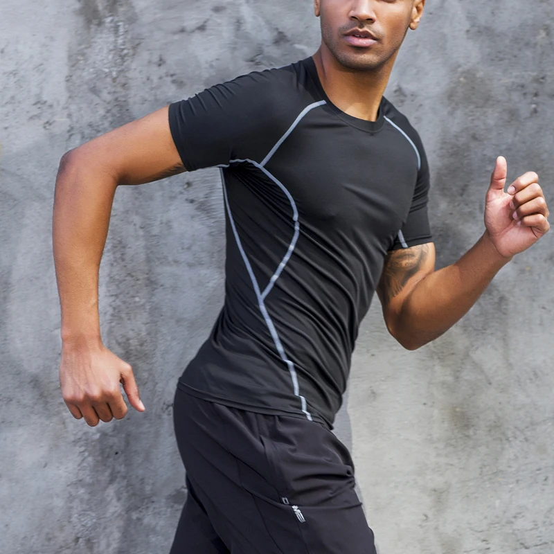 Custom Logo Polyester Short Sleeve Slim Fit Fitness Sports Training Wear Men Fitted Fitness Muscle Gym Shirts