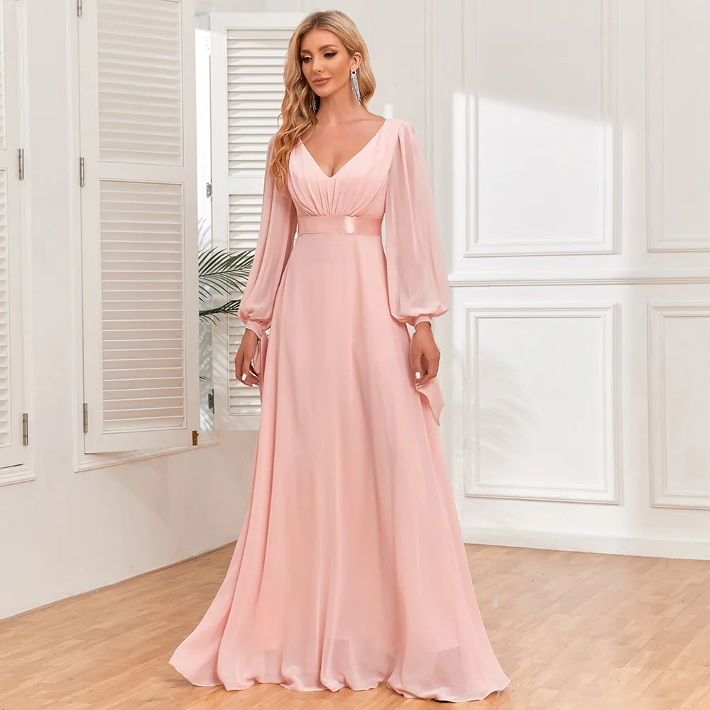 Wholesale Women's New Chiffon Dress Long Sleeve Bridesmaid Dress Elegant Fashion Party Long Dress