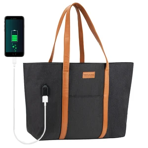 Large Shopping Custom Black Polyester Letter Pattern Folding Business Computer Laptop Tote Bag with Compartments