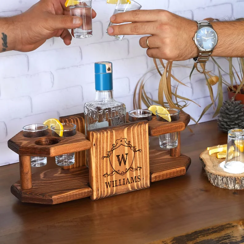Plateau à Tequila En Bois Avec 6 Verres - Service Élégant Pour Shots, Whisky, Vodka Et Cocktails