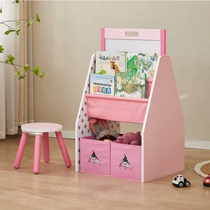 EDULAND Modern Safe Eco-Friendly Durable Wooden Kids Art Drawing Cabinet with 3 Shelves and Drawing Board Includes Table Chairs