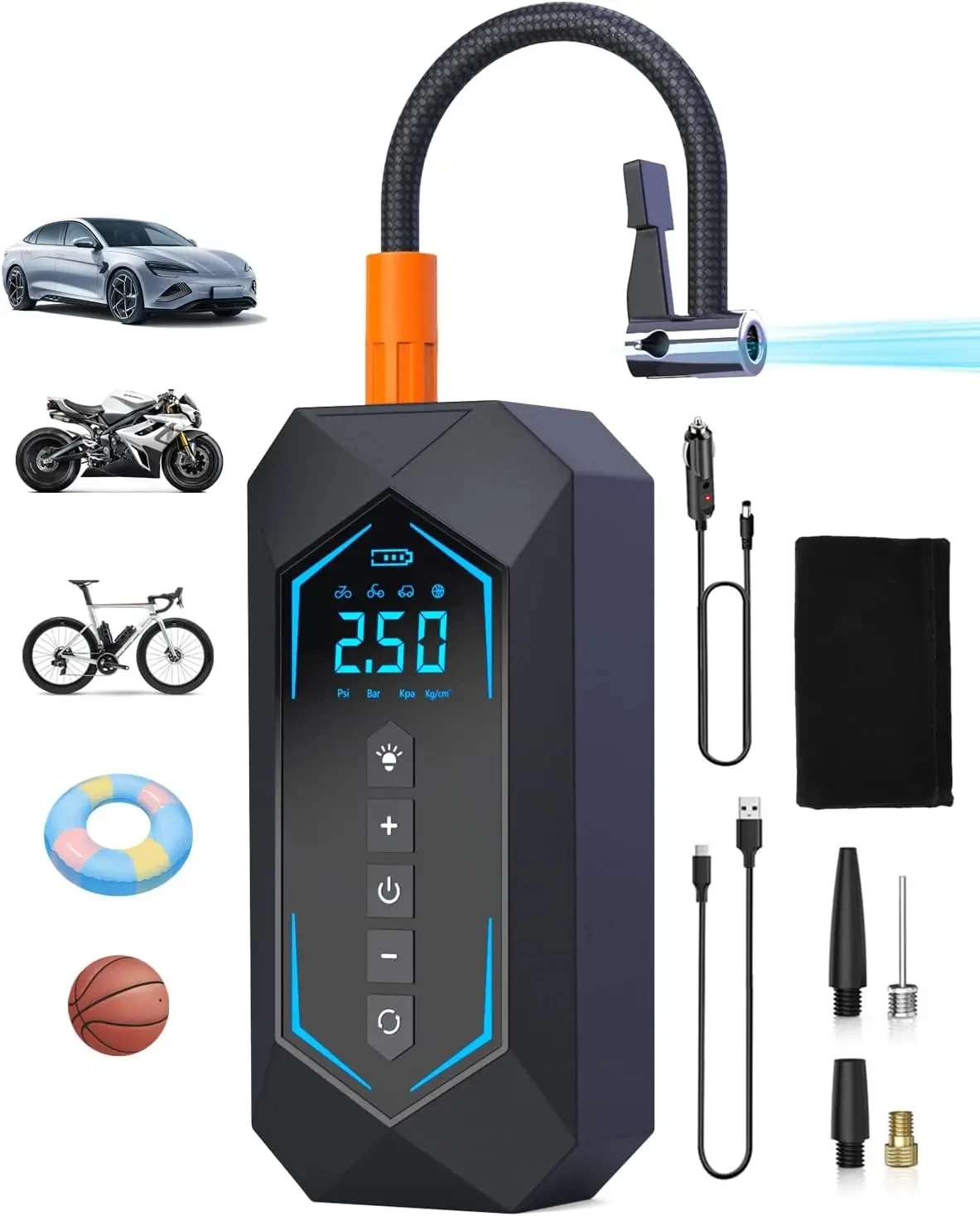 Elektrische luchtpomp met 6000 mAh accu, draagbare fietspomp, 150 psi, mini-compressor met lcd-manometer, digitaal led-licht, universeel ventiel voor fiets, motorfiets, auto, bal en zwemring