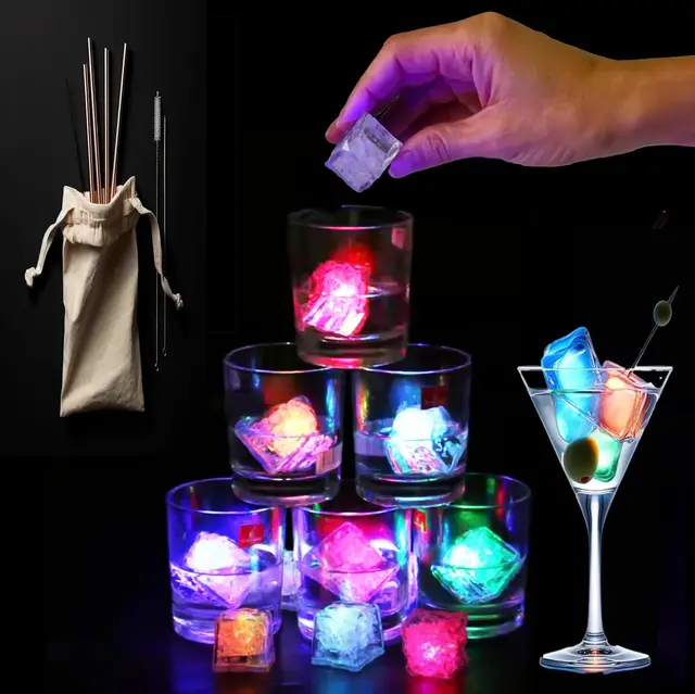 Water Activated Color Changing Multi Color LED Light Up Plastic Ice Cubes for Drinks Dark Flashing  on Cocktails Party & Bath