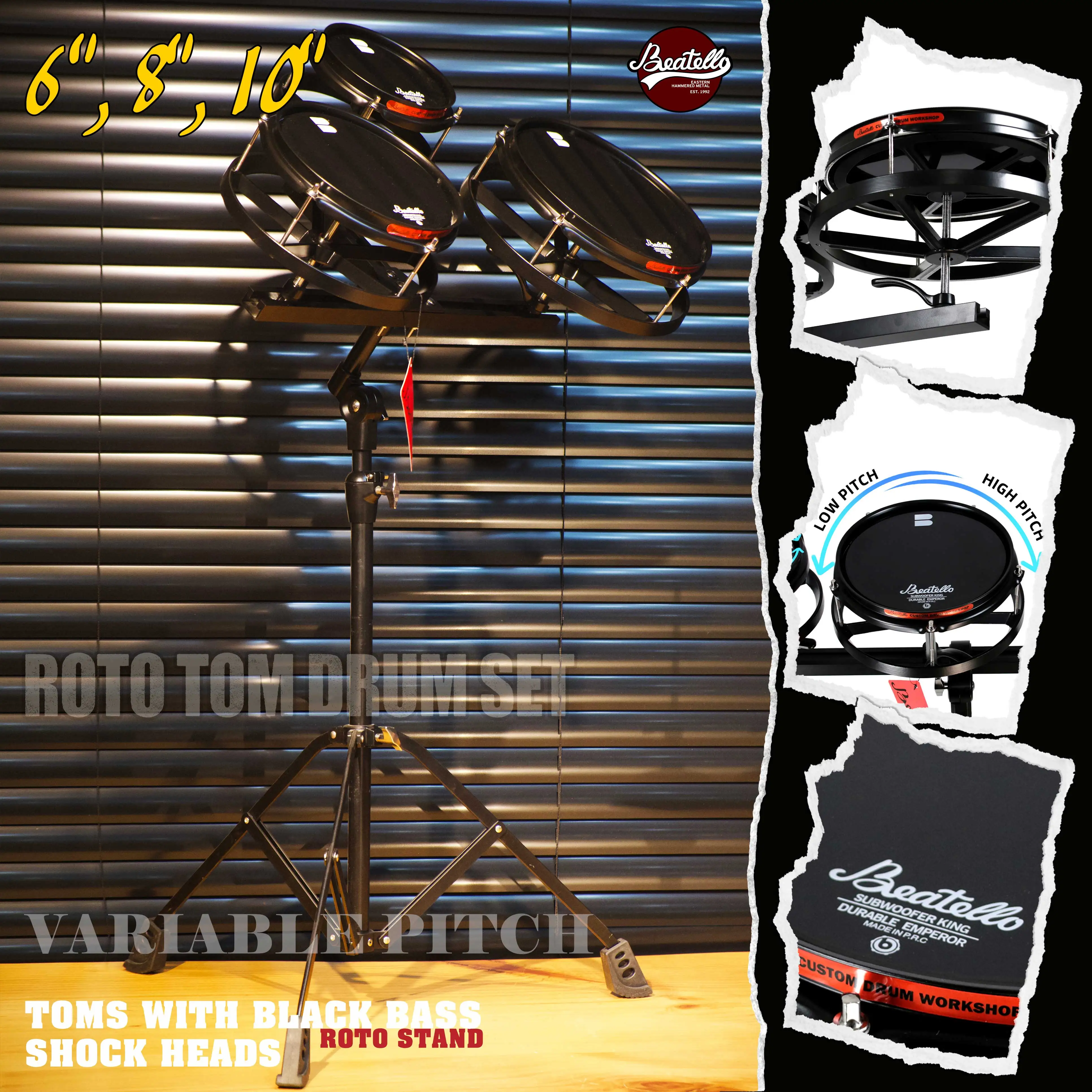 JBK Roto 3-Piece Tom Drums Set 6'' 8'' 10'' with Stands - Durable