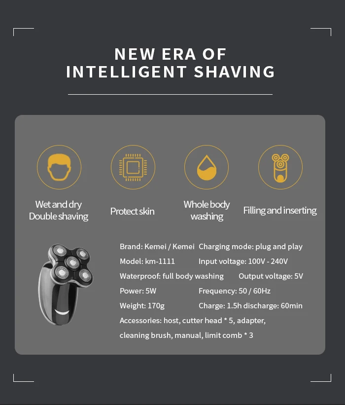 KM-1111 Factory price waterproof cordless painless multifunction hair shaver 5 in 1 men electric