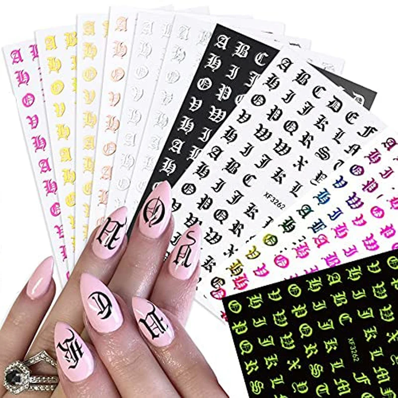 20 Sheets Old English Letter Nail Stickers,Holographic Alphabet Nail Decals,3D  Self-adhesive Numbers Nail