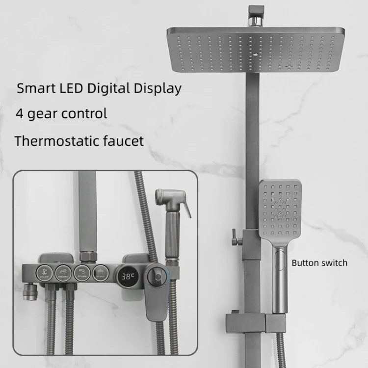 Gun Grey Led Digital Display Thermostatic Shower Set System Bathroom