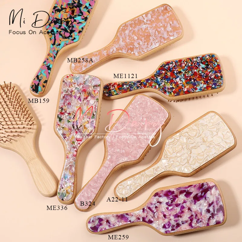 MiDairy CUSTOM LOGO Hair Brush and Comb Natural Bamboo Air Bag Wooden Acetate Accessories Hairbrush Soft Goat Bristles Custom