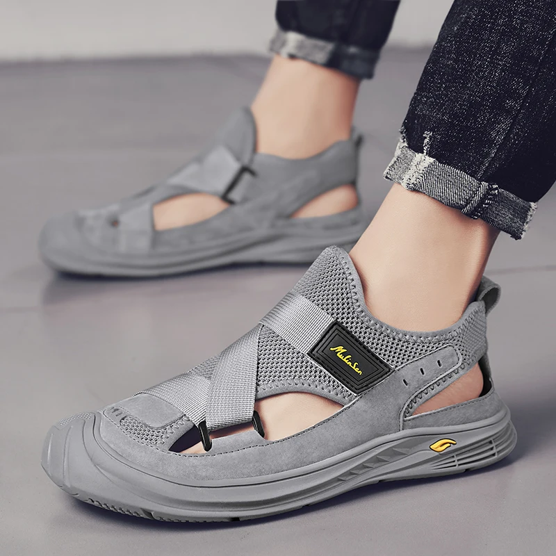 Custom Design OEM service mesh genuine leather sandals summer men sport beach closed toe hand made leather sandals