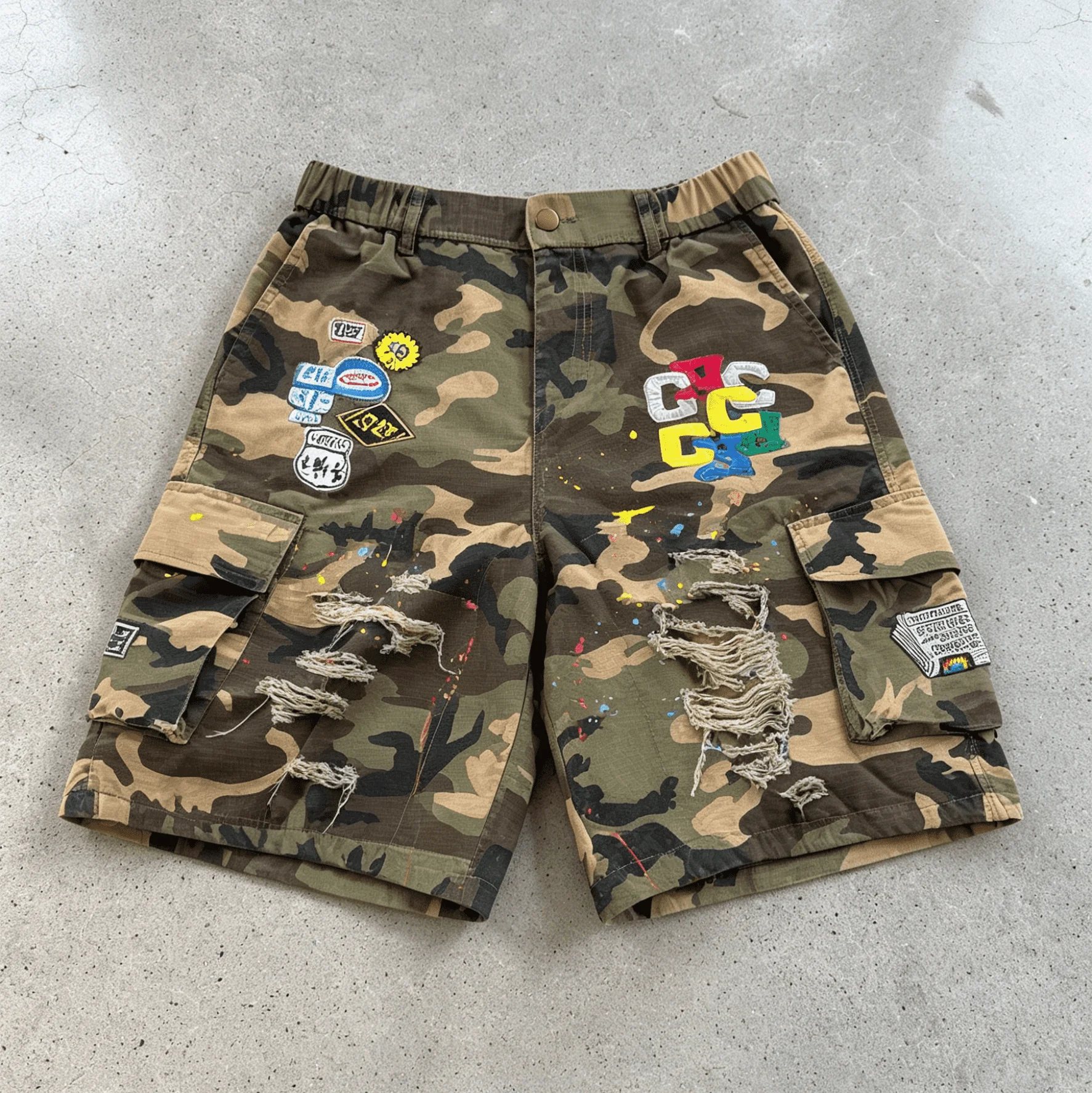 Custom Elastic Waist Paint Splatter Camouflage Tactical Multi Pocket Cotton Twill Streetwear Camo Cargo Shorts Men gallery 7