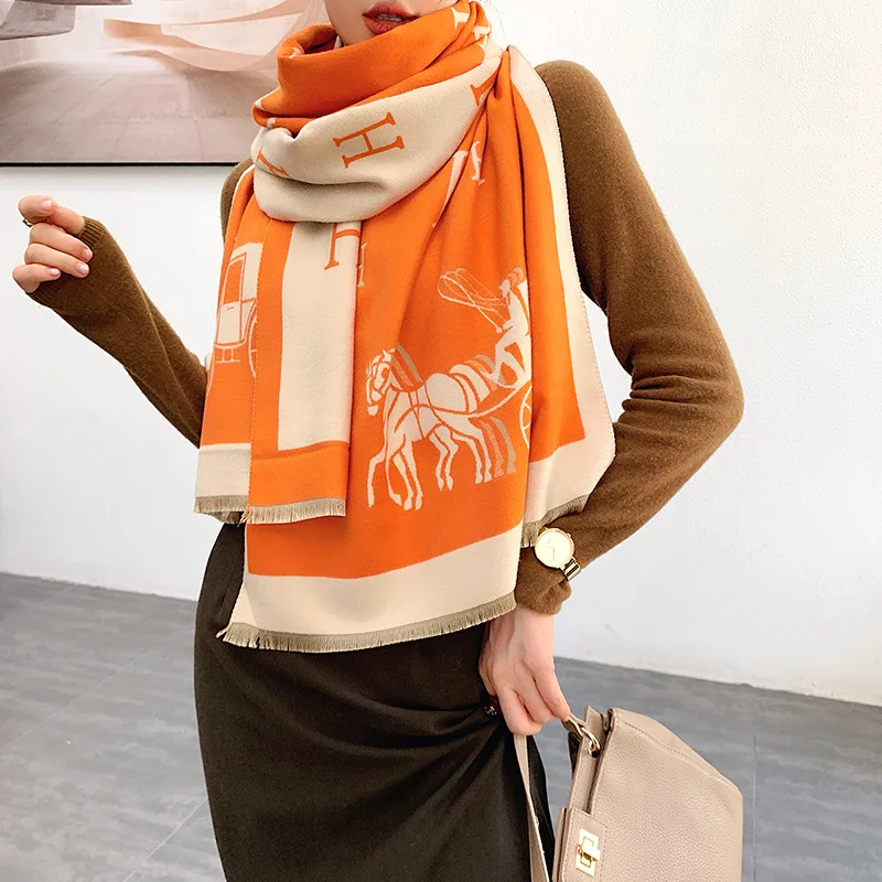 Women Cashmere Warm Pashmina Orange Horse Scarves Luxury Brand Look Winter  Scarf Shawls Wrap