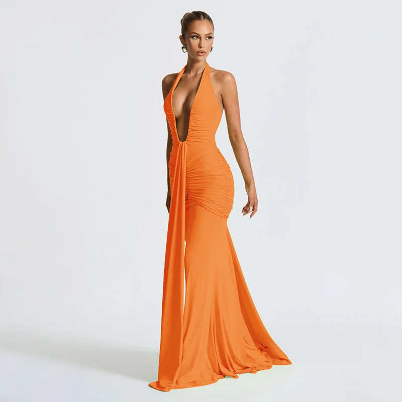 Backless Tassel Dress Women Peach Buttock Pleated Patchwork Solid Halter  Sleeveless Midnight Clubwear Party Vestidos 3346