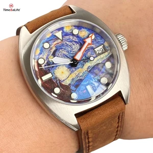 OEM Customized Hot Sale 36mm Green Luminous Wave Dial Sapphire Diver Waterproof Men's Automatic Mechanical Watch Brown Strap