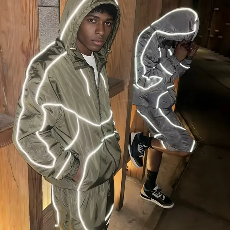 Custom Shell Track Jogging Suit Waterproof Polyester Oversized Zip up Hoodie Jacket and Short Set Reflective Nylon Tracksuit Men gallery 6
