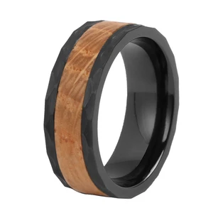Tizti Jewelry Whisky Barrel Wood Inlay Faceted Hammered Tungsten Carbide Mens Finger Black Zirconium Ring